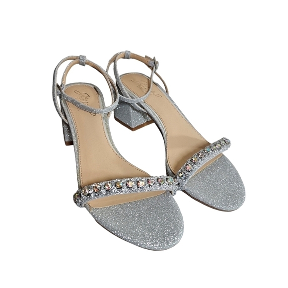 Jewel Badgley Mischka  Odonna Silver Glitter Open Toe Block Heel Sandals sz 6.5 - Picture 13 of 17